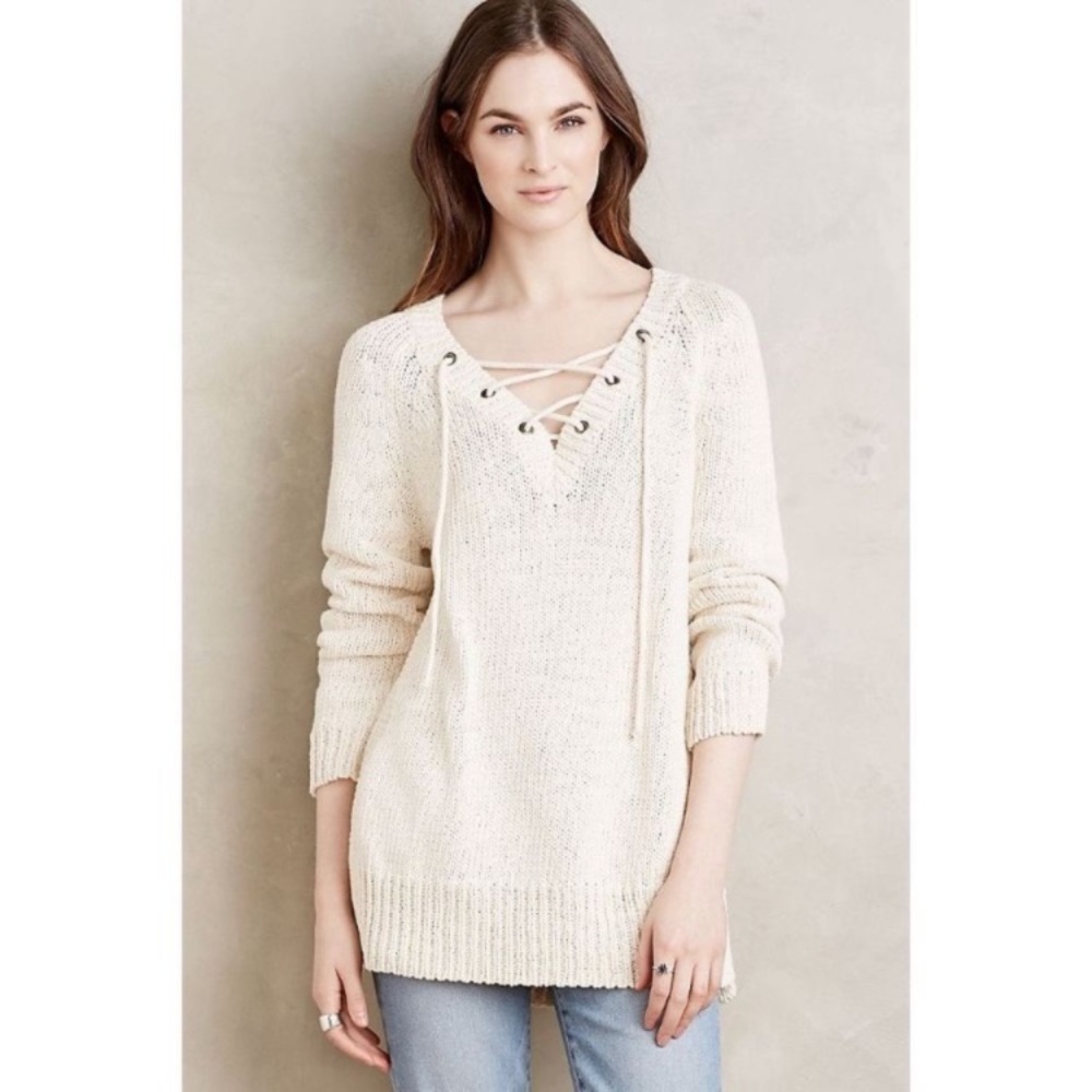 Anthropologie Moth Asbury Lace-Up Front Ivory Knit Sweater Women’s‎ Sz Medium